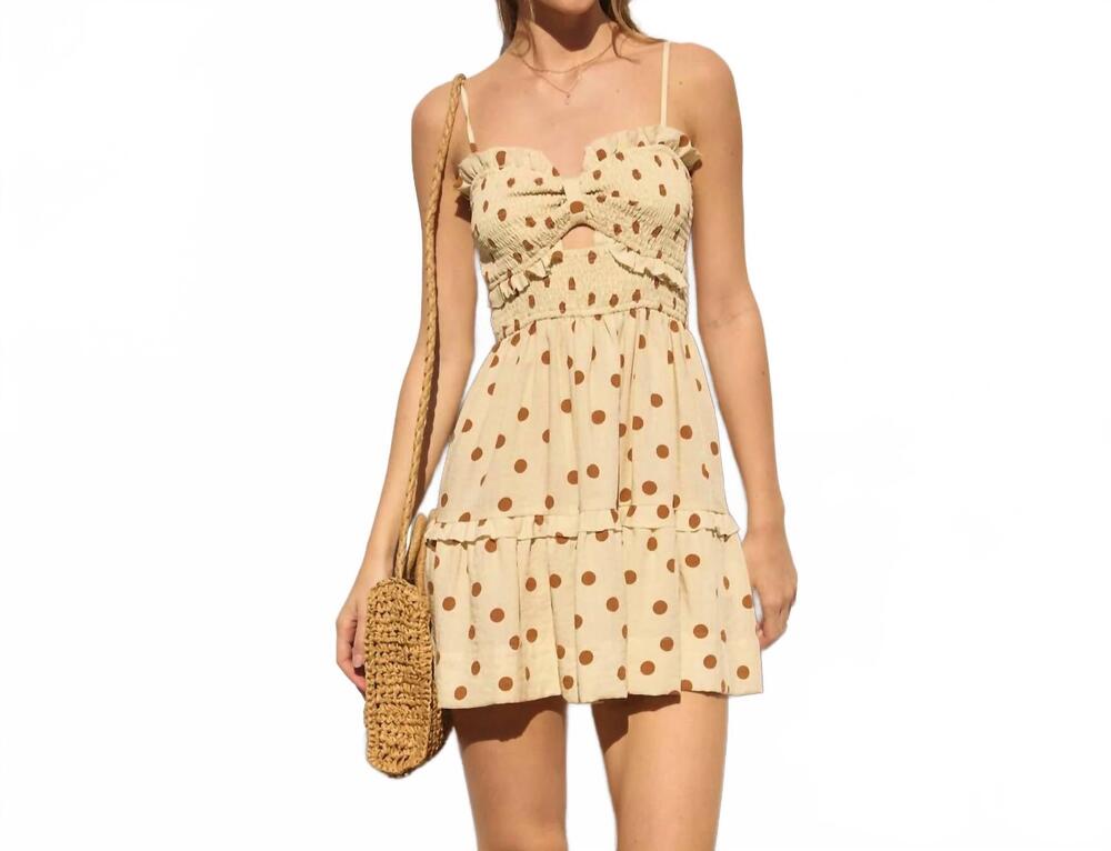 NEW DRESS FORUM smocked sweetheart mini dress in cream dot